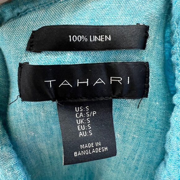 Tahari Turquoise 100% Linen Button-Up Short-Sleeve Shirt Blue Size Small - Picture 7 of 9